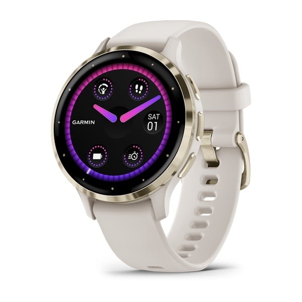 Hodinky Garmin Venu 3S, Nerezová luneta Soft Gold, pouzdro Ivory, silikonový řemínek