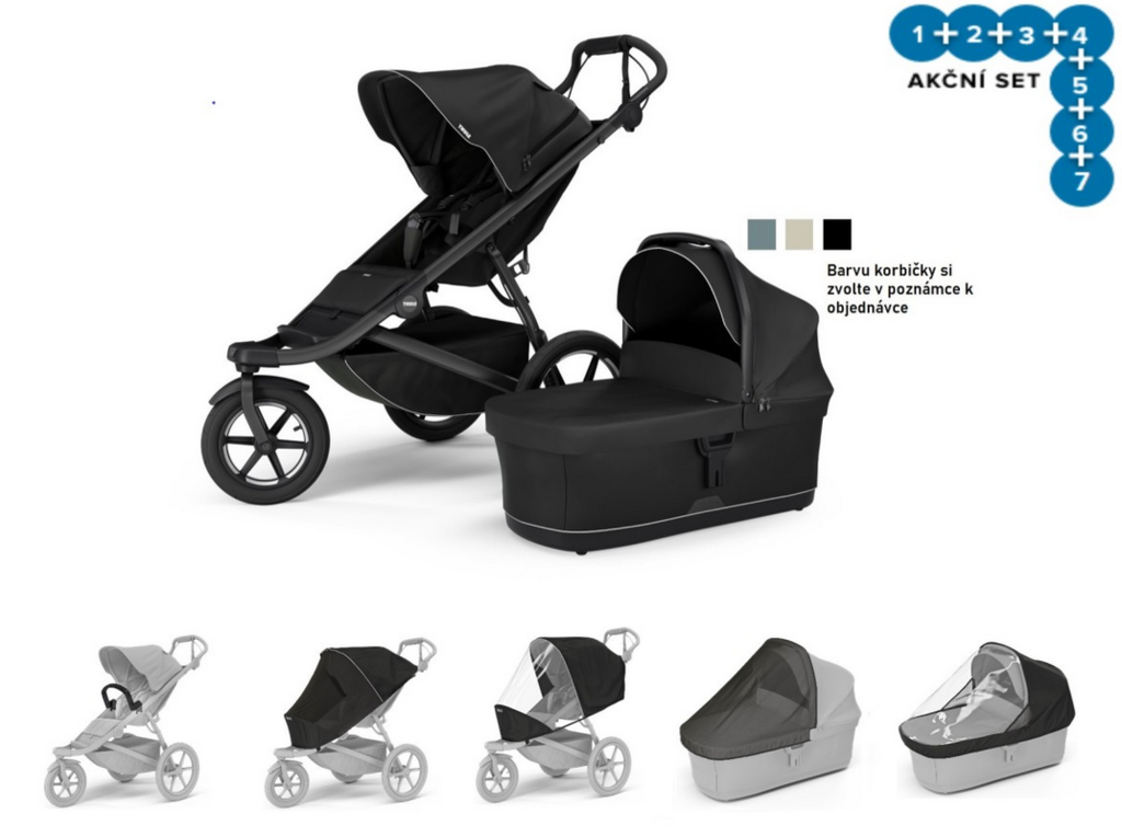 Kočárek Thule Set 7v1 Urban Glide 3 Black + pláštěnka + ochranná síť + madlo + korbička Black