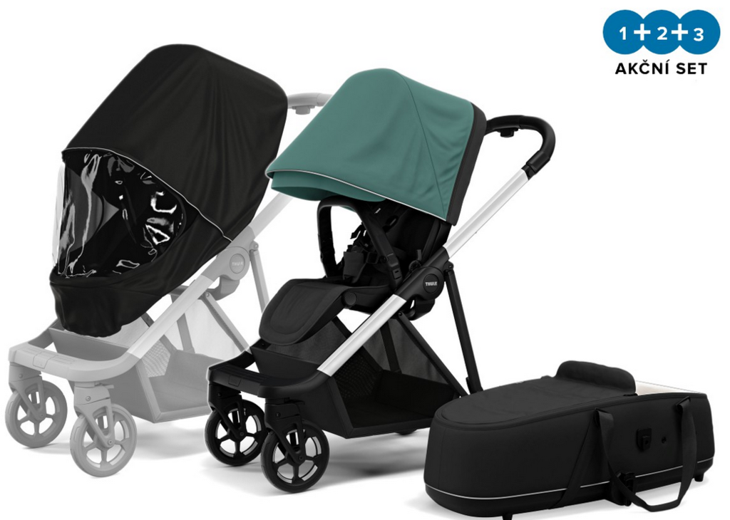 Kočárek Thule Shine Mallard Green on Aluminum + korba + ochrana proti sluncidešti Thule