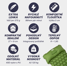 Nafukovací karimatka s polštářkem zelená 5cm